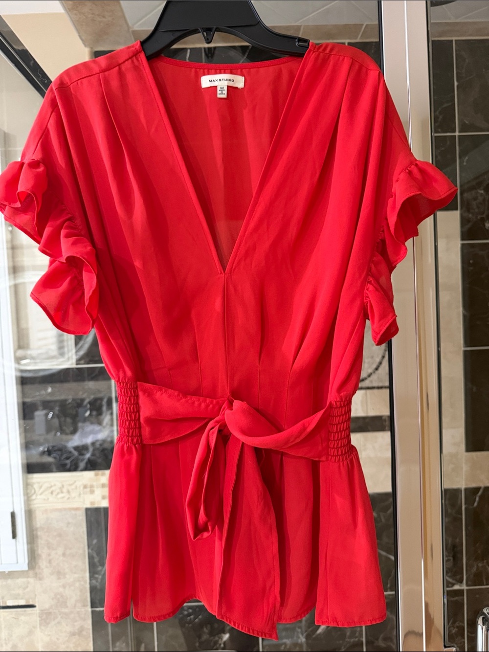 Max Studio Bright Red V-Neck Tie-Waist Ruffle Sleeve Mini Dress
